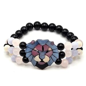 VINTAGE Lee Sands Lion Face Mother of Pearl Onyx Inlay Stretch Beaded Bracelet